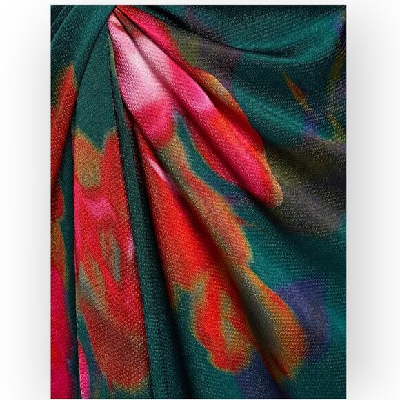 Sz 8 FIGUE Kyle Dress Floral Teal V-Neck Midi Dolman/Kimono TwistFront Satin NEW - Picture 9 of 16